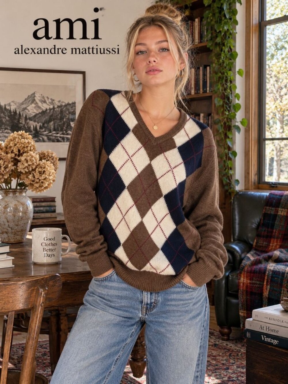 AMI Paris Sweater M Camel Wool Argyle V Neck Unisex Womens L XL Academia Preppy